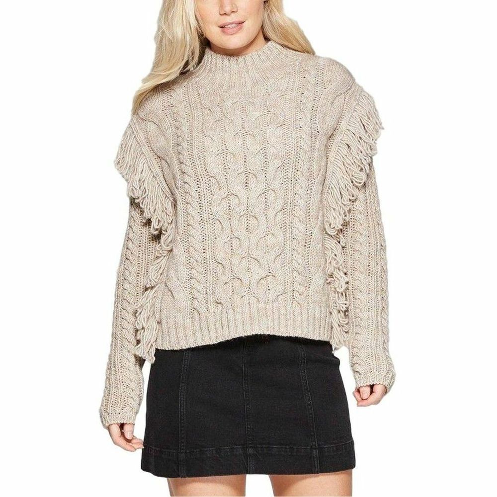 Universal Threads Women's L Oatmeal Cream Mock Neck Cable Knit Fringe Sweater
